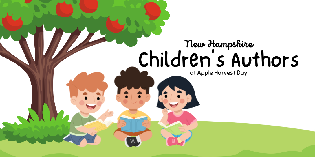 Three children reading books while sitting under an apple tree. Text reads: New Hampshire Children's Authors at Apple Harvest Day
